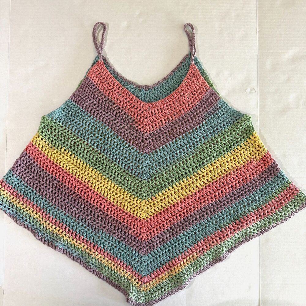 Rainbow Crochet V Striped Handmade Tank Top, M Boho Festival - Picture 6 of 7